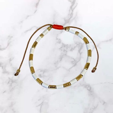 Adjustable White and Gold Enamel Bracelet